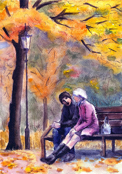 Couple in a park bench vector art illustration