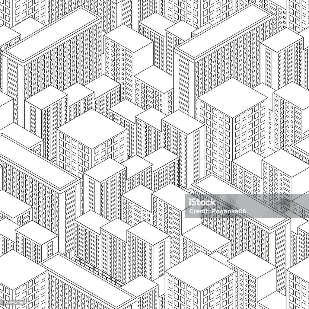 Big Town in isometric view. Seamless pattern with houses. Big Town in isometric view. Seamless pattern with houses. Building in Linear style. Black and white background. Modern city skyline. Vector illustration. Abstract stock vector