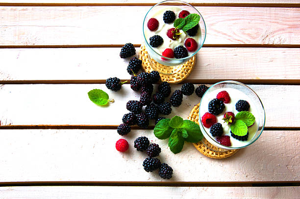 Panacotta dessert with friuts and mint on white table