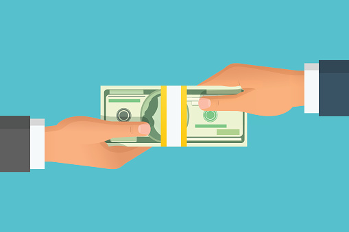 Human hand giving money to other hand. Holding banknotes. Isolated on blue background. Vector illustration