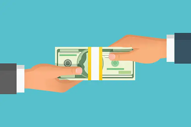 Vector illustration of Human hand giving money to other hand vector illustration