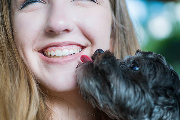 chiot léchant le visage de la fille - sticking out tongue animal tongue teenage girls licking photos et images de collection