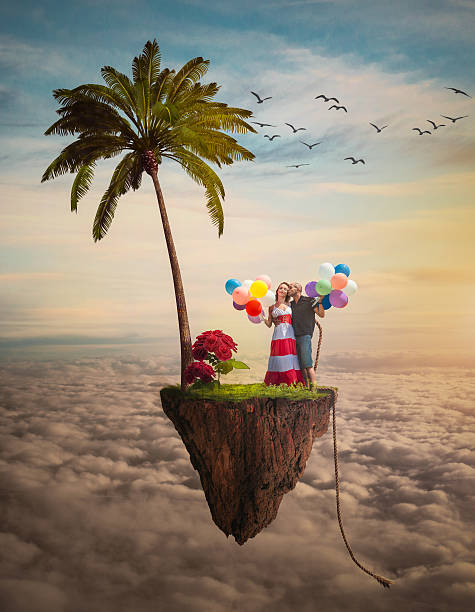 мальчик и девочка на летающем острове - kissing blowing admiration men стоковые фото и изображения