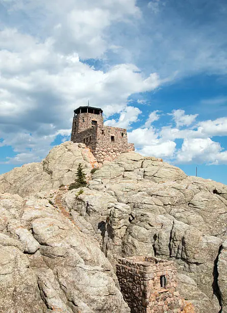 Harney Peak Fire Lookout Tower and pumphouse in Custer State Park in the Black Hills of South Dakota USA