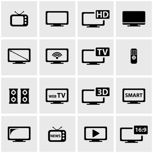 ilustrações, clipart, desenhos animados e ícones de vector conjunto de ícones pretos tv - indústria televisiva