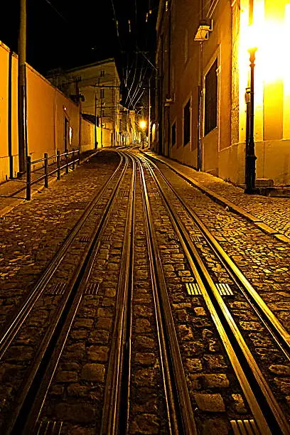 historic tramline at night in Lisbon, Portugal
