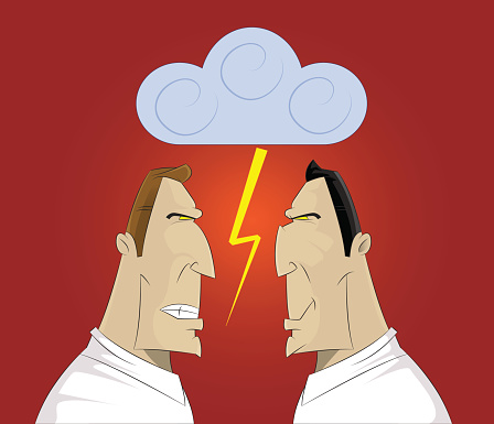 Vector illustration of two businessmen confrontation, conflict and cussing.