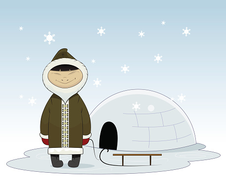 Cartoon eskimo with sleigh and yurt behind. Eskimo clothes human and alaska eskimo native northern people. Funny nationality traditional chukchi character. Layered vector