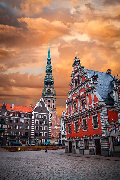 City Hall Square with House of the Blackheads and Saint Peter church in Old Town of Riga in the evening, Latvia