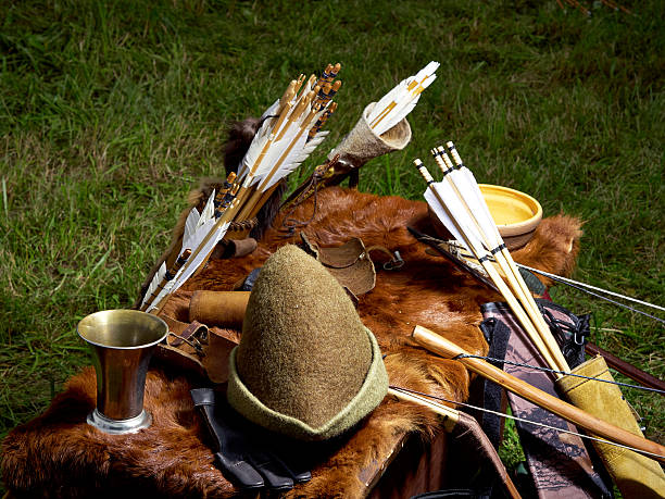 Old medieval bow and arrows stock photo