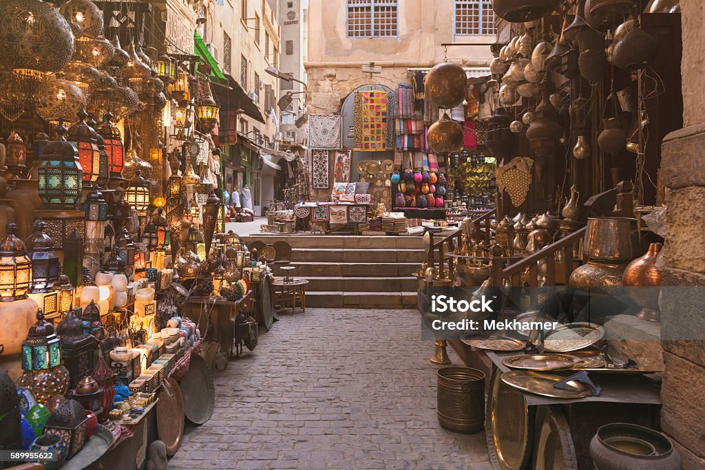 Khan al-Khalili Bazaar Khan el-Khalili is a major market in the Islamic district of Cairo. The bazaar district is one of Cairo's main attractions for tourists and Egyptians Cairo Stock Photo