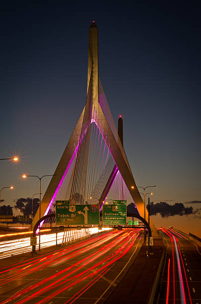 Zakim Bunker Hill Memorial Bridge at night in Boston, Massachusetts, USA