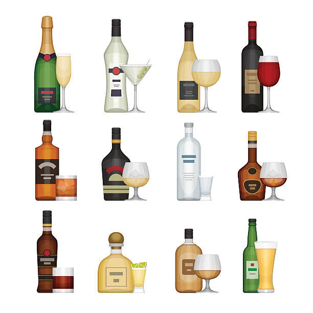 ilustrações, clipart, desenhos animados e ícones de um conjunto de garrafa de álcool com copos. - white background wine bottle isolated on white champagne