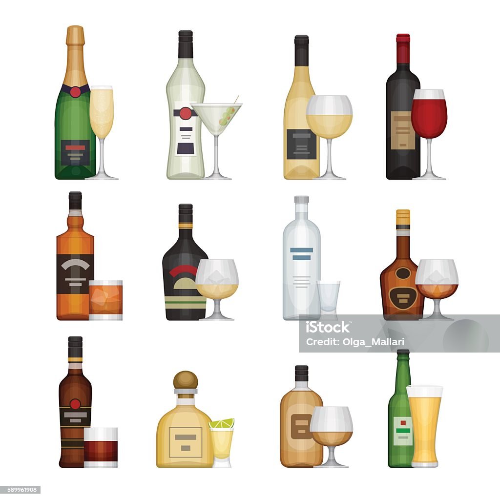 Set of alcohol bottle with glasses. Set of alcohol bottle with glasses. Alcohol drinks and beverages. Flat design style, vector illustration. Bottle stock vector
