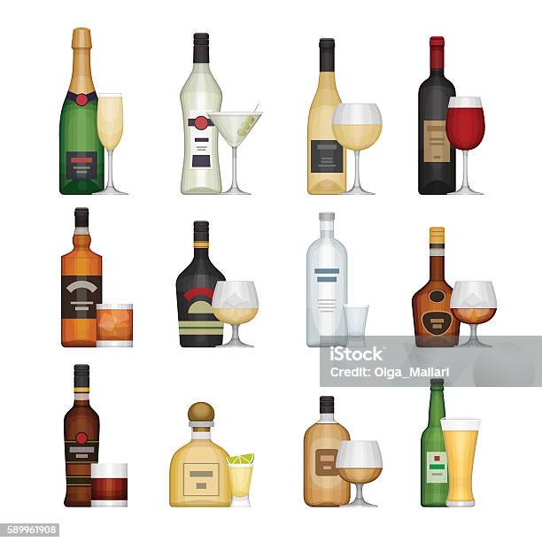 Set Of Alcohol Bottle With Glasses Stock Illustration - Download Image Now - Bottle, Alcohol - Drink, Wine Bottle