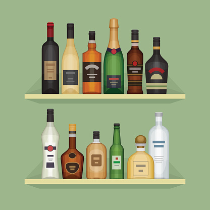 Different alcohol bottle on the shelf. Alcohol drinks and beverages. Shelf with bottles at the bar. Flat design style, vector illustration.