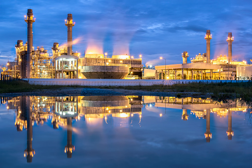 Electric power plant reflection  in blue hour