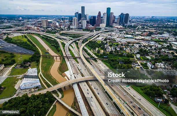 Houston Texas Aerial Over Passing Interchanges Cityscape Stock Photo - Download Image Now