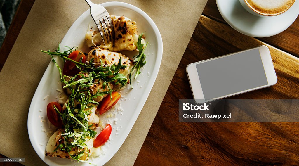 Eating Food Chicken Tomatos Coffee Concept Cafe Stock Photo