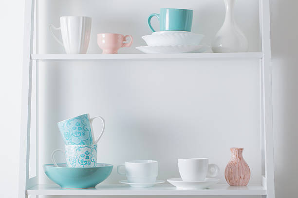 istock Clean dishes on wooden shelf 589968184
