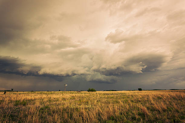 istock Spectacular storm clouds loom over lone windmill (windpump) 589969780