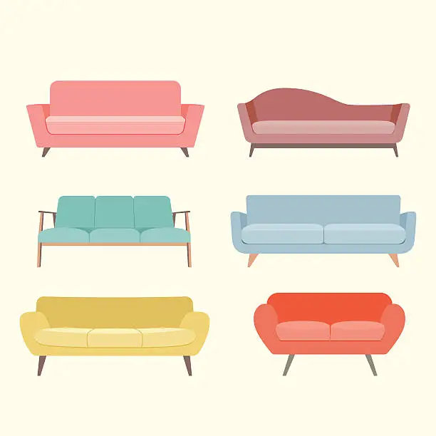 Vector illustration of Set of colorful retro sofa. Vector flat illustration