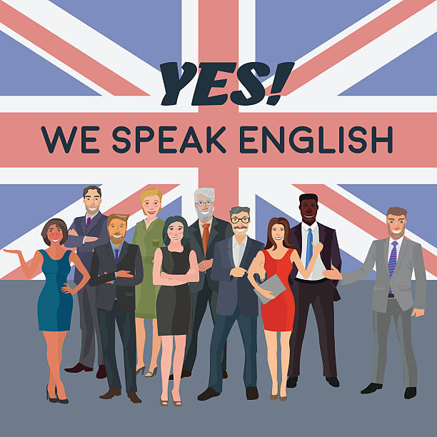 english language concept group of business people standing in front of english flag flaglets stock illustrations
