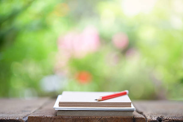 istock Notebook and red pencil on wooden table 589974068