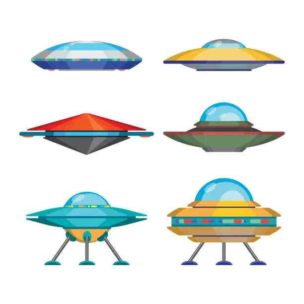 Vector illustration of Set of cartoon funny aliens spaceships, vector illustration