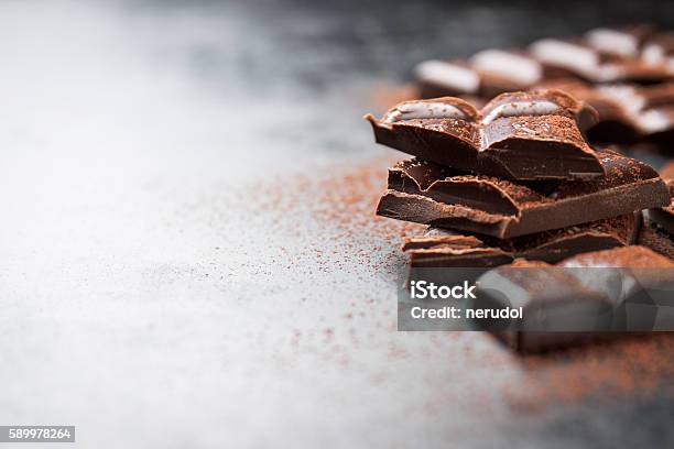 Dark Chocolate On A Dark Background Closeup Place For Text Stock Photo - Download Image Now
