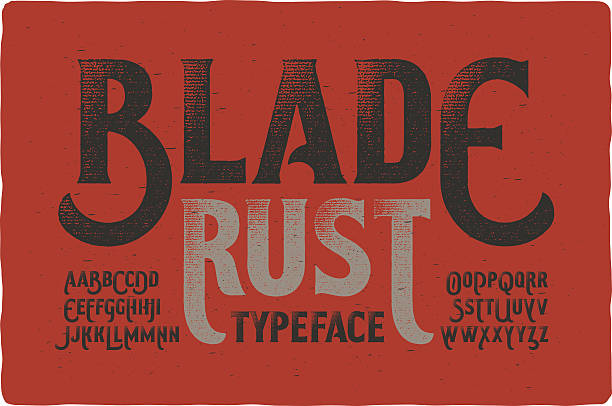 Rough vintage typeface on bloody dirty background "Blade Rust" textured rough vintage typeface on bloody dirty background gothic style stock illustrations