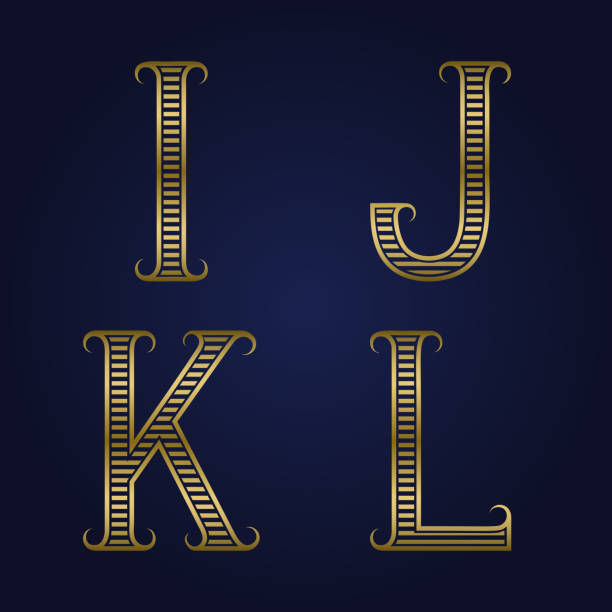 ilustraciones, imágenes clip art, dibujos animados e iconos de stock de i, j, k, l letras acanaladas de oro con florituras. - letter i letter j letter k letter l