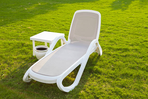 istock Sunbed on grass in garden 589980732