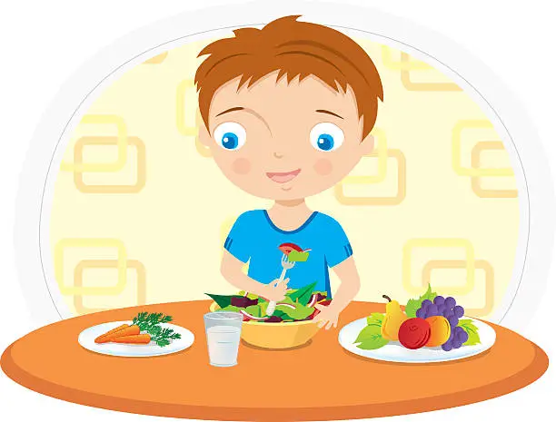 Vector illustration of boy eating food at the table vector illustration