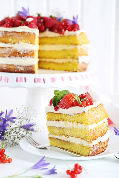 istock Delicious biscuit cake with berries on cake stand 589983222