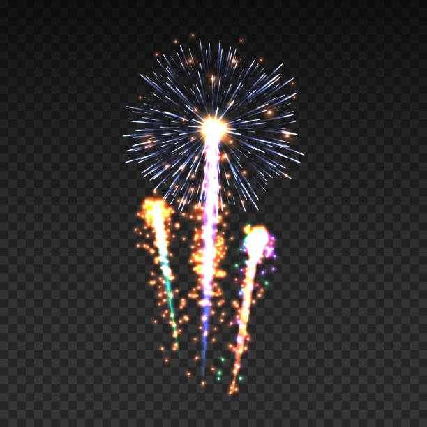 illustrazioni stock, clip art, cartoni animati e icone di tendenza di festoso fuoco d'artificio a motivi geometrici che esplode in varie forme pittogrammi scintillanti impostati - firework display pyrotechnics exploding star