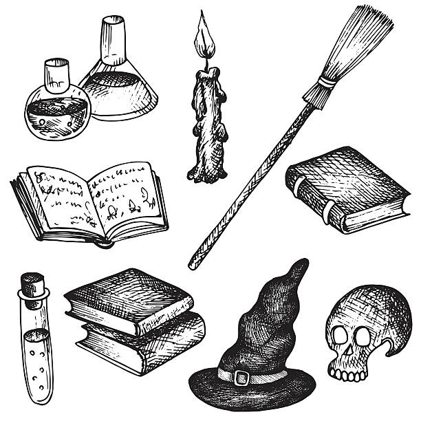illustrazioni stock, clip art, cartoni animati e icone di tendenza di vettore magico set di oggetti per strega - wizard magic broom stick