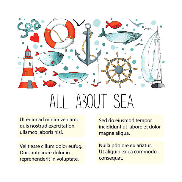 szablon reklam lub artykuł o morzu. - fishing industry fishing nautical vessel buoy stock illustrations