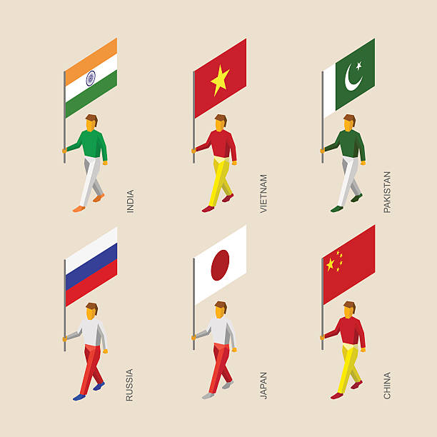 satz isometrischer 3d-personen mit flaggen - asien - flag bearer stock-grafiken, -clipart, -cartoons und -symbole