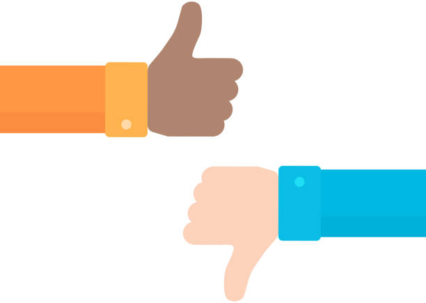 Thumbs up and down vector icon in flat style Thumbs up and down vector icon in flat style. Concept of positive and negative feedback from customers. Good and bad gestures isolated on white background thumb down stock illustrations