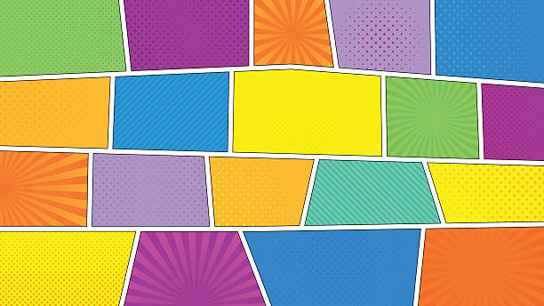 Comic book wallpaper Comic strip background with 16 9 aspect ratio. Different colorful panels. Rays, lines, dots. Template, vector eps 10 comic book layout stock illustrations