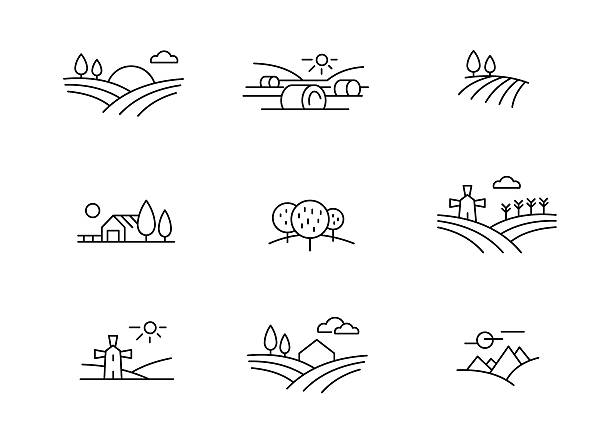 ilustraciones, imágenes clip art, dibujos animados e iconos de stock de iconos de paisaje de país - paisaje ondulado