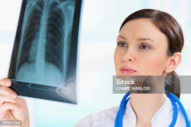 Female Doctor Looking At A Lungs Or Torso Xray Fluorography Stock Photo - Download Image Now