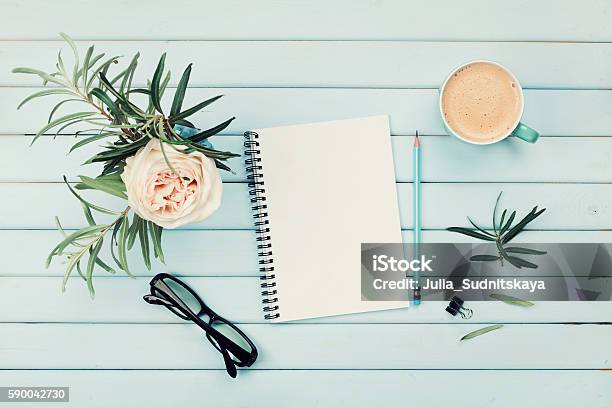 Planning And Design Concept Cozy Breakfast Flat Lay Styling Stock Photo - Download Image Now