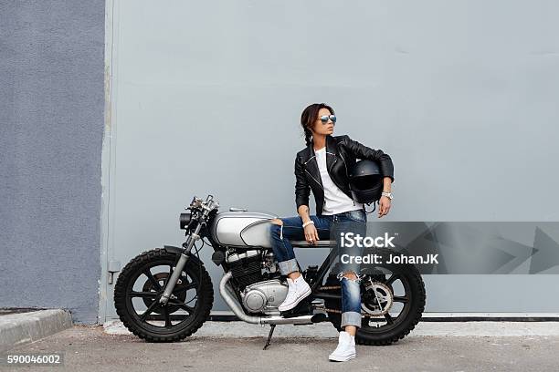 Biker Woman In Leather Jacket On Motorcycle Stock Photo - Download Image Now - Motorcycle, Women, City