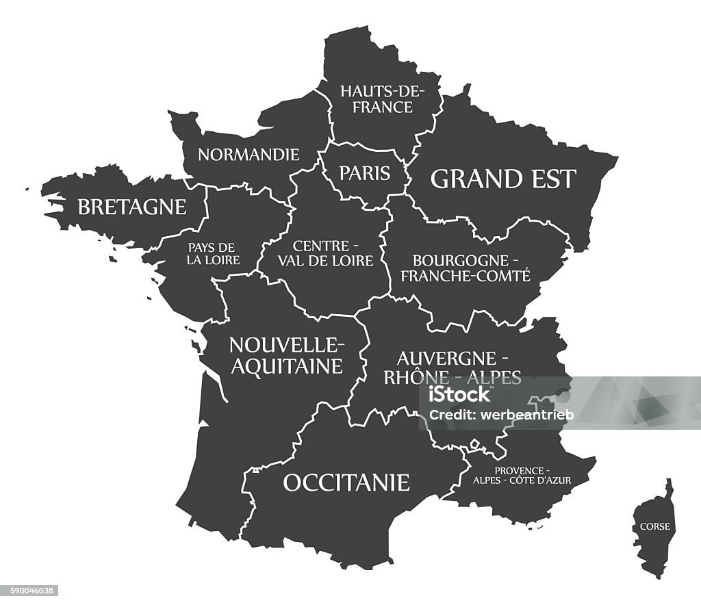 Mappa francia etichettata nera - arte vettoriale royalty-free di Carta geografica