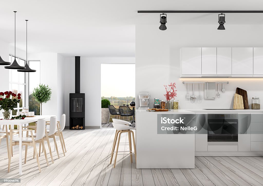 Modern apartment interior Modern apartment interior. Render image. Kitchen Stock Photo