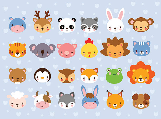 Big vector set with animal faces. Big vector set with animal faces. Collection of cute baby animals in cartoon style on a blue background. Wild and domestic animals. livestock illustrations stock illustrations