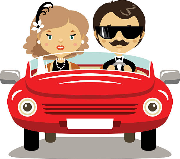 ilustrações, clipart, desenhos animados e ícones de casal elegante em um carro - car driving front view cartoon