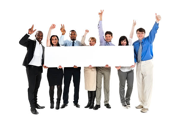 istock Happy people holding big blank billboard 590048638